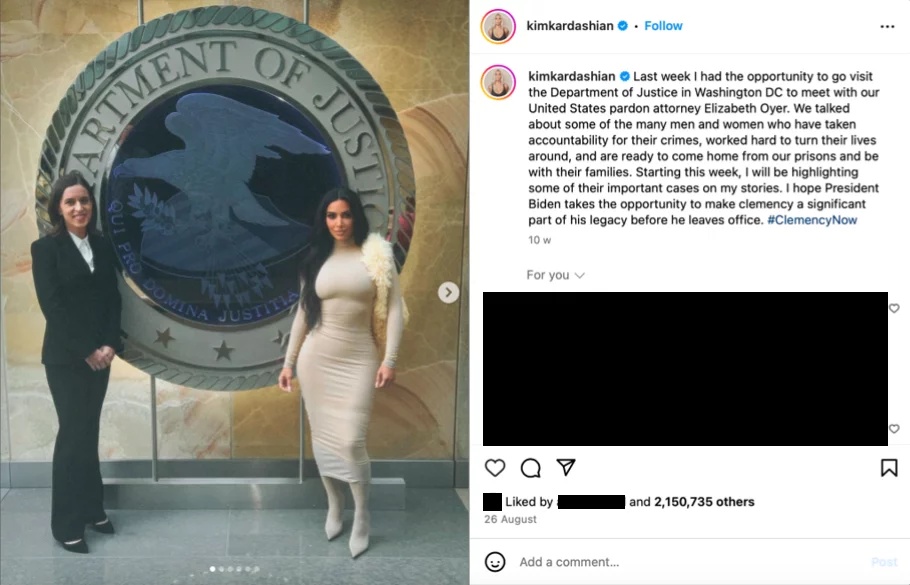Kim Kardashian's Instagram post from her visit in the Justice Department