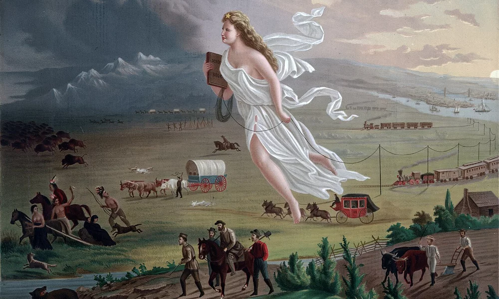 Columbia, a white woman in white robes personifying the United States, leads Euro-American settlers across the plains as Indigenous people and animals flee the onslaught.