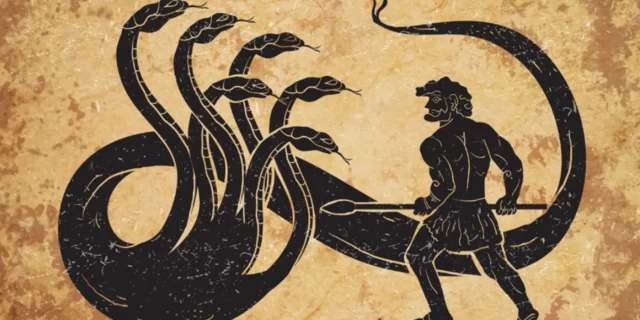 Drawing of Hercules fighting the Hydra. 