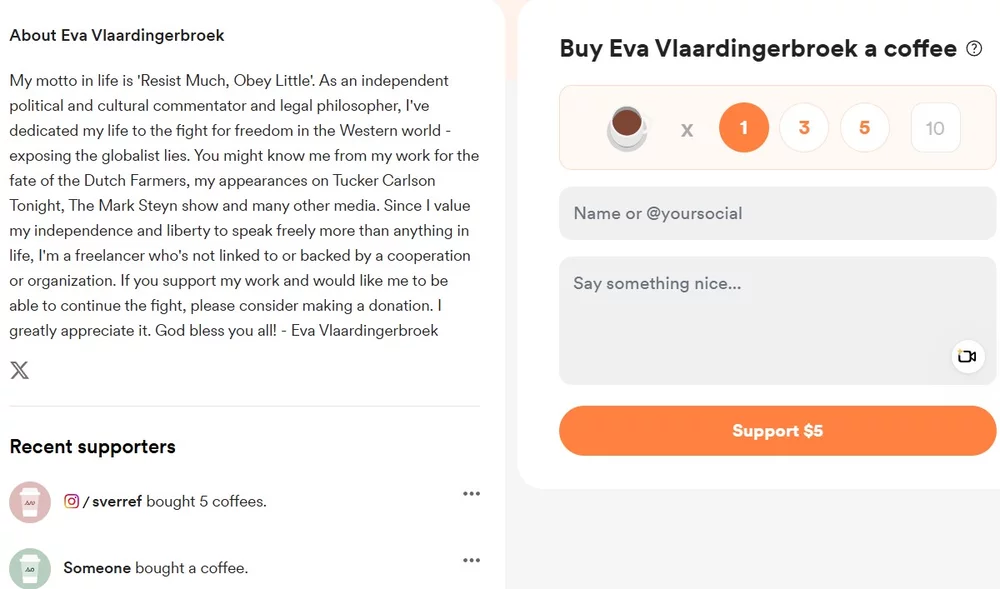 Screenshot of the fundraising website provided in Eva Vlaardingerbroek's profile bio on X. 
