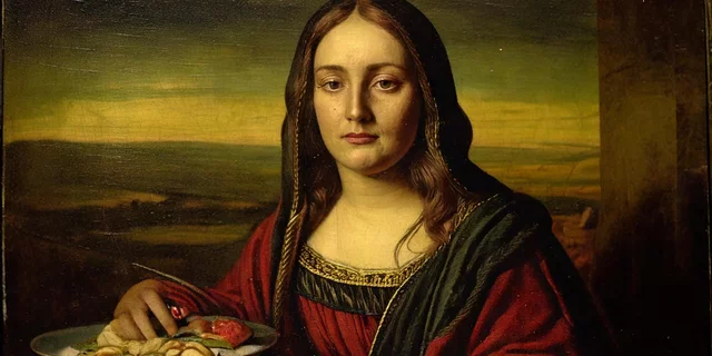 Image of a bored Mona Lisa during dinner, generated by Adobe Firefly