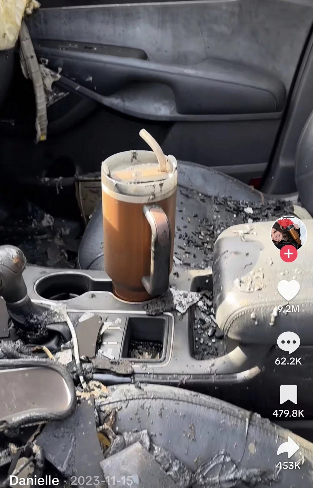 Danielle [@danimarielettering]. (2023). Thirsty after you catch on fire? @Stanley 1913 is like no problem i gotchu #fyp #carfire #accident #stanleycup [Video]. TikTok. https://www.tiktok.com/@danimarielettering/video/7301724587488759070  