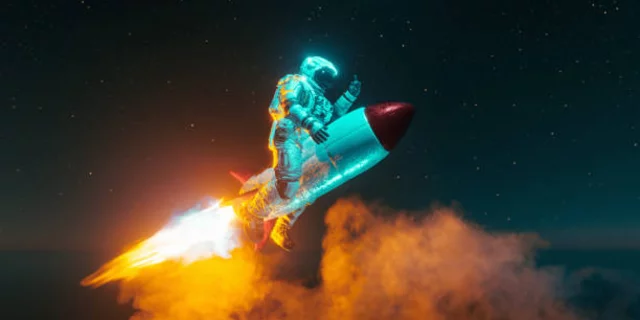 Astronaut Ventures into Space on a Daring Rocket Ride - Stockbeeld