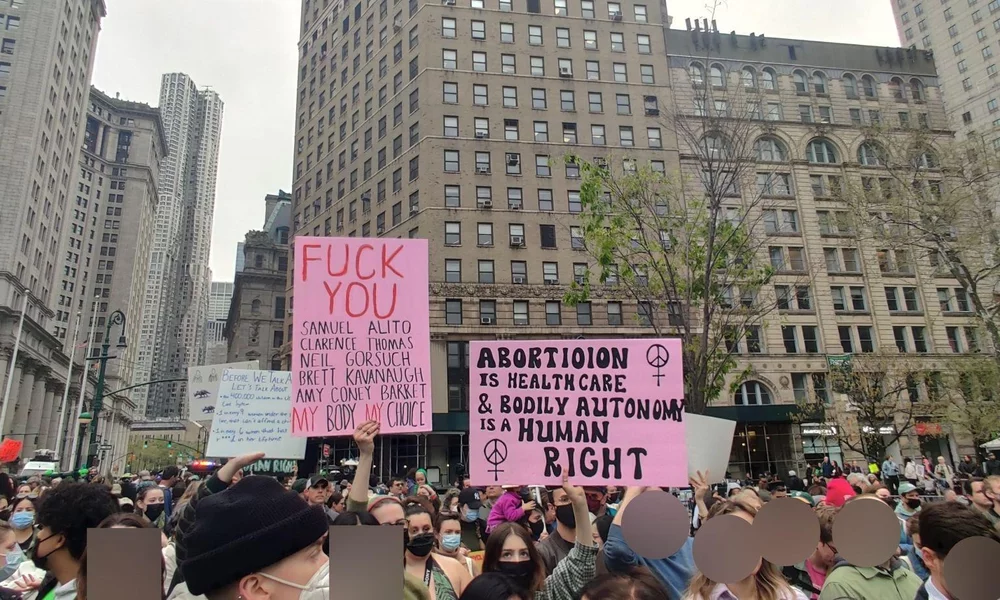 Pro-abortion rights protesters in Foley Square following the leak of a draft Supreme Court opinion that would overturn Roe v. Wade.