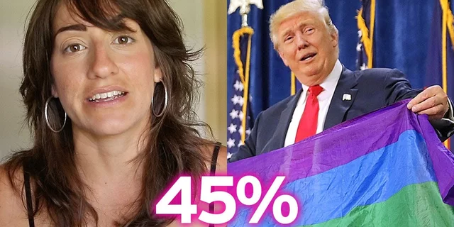 Arielle Scarcella next to a picture of Trump holding the rainbow pride flag