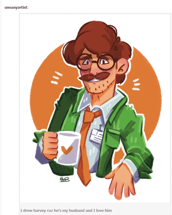 Fan art of a character, accompanied with caption "I drew harvey coz he's my husband and i love him"