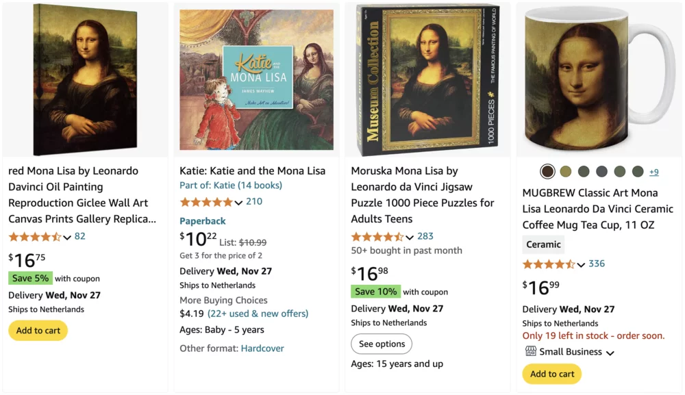 Screenshot of Mona Lisa products on Amazon