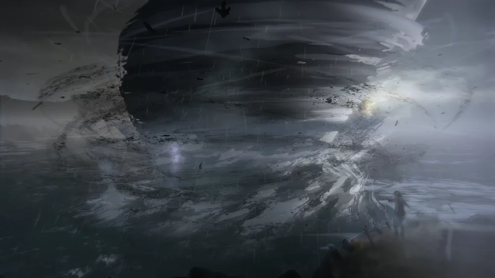 The screenshot of a massive tornado with Max standing to the side