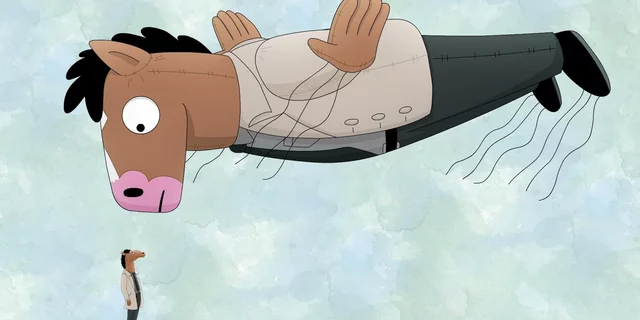 Pictured is BoJack looking at his inflated mascot.